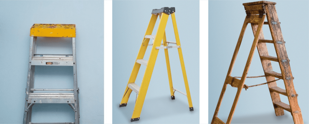 Three examples of portable ladders, one metal, one plastic, and one wood. Materials can create hazards.