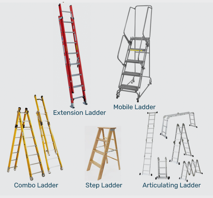 Array of ladder types includes extension ladders, mobile ladders, combo ladders, step ladders, and articulating ladders.